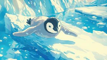 An adorable penguin sliding on ice in a vibrant, icy landscape with shimmering water in the background photo