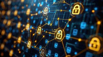 Abstract digital network with interconnected locks symbolizing cybersecurity and data protection photo