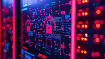Abstract representation of cybersecurity with digital locks and glowing circuits in a tech environment photo