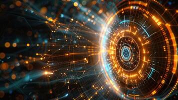 Abstract digital illustration showcasing a vibrant, glowing circular pattern with dynamic light trails photo