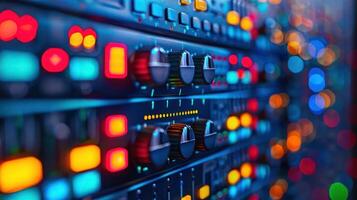 Close-up of illuminated audio equipment with colorful LED lights in a studio setting photo