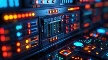 Close-up view of a futuristic control panel with glowing buttons and intricate designs photo
