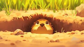 A curious otter peeks out from its burrow in a vibrant, sunlit grassy landscape photo