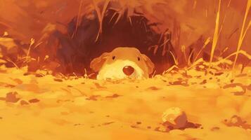 A curious dog peeking out from a burrow surrounded by warm, golden grass in a serene landscape photo