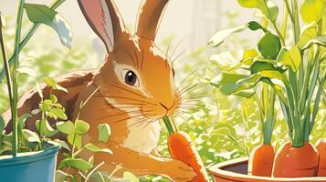 A rabbit enjoying a fresh carrot in a vibrant garden filled with greenery and pots photo