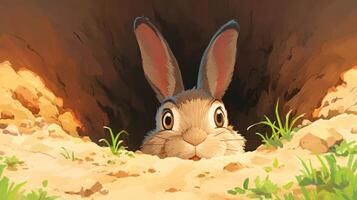 Curious rabbit peeking out from a burrow surrounded by soft earth and grass, exploring its environment photo