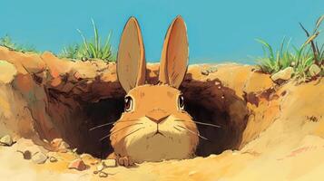 A curious rabbit peeks out from its burrow, surrounded by grass and a clear blue sky photo