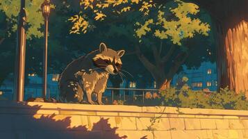 A raccoon sitting on a stone wall in a park during twilight, surrounded by lush trees and city lights photo