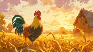 Vibrant rooster stands proudly in golden field at sunset near rustic barn, evoking tranquility photo