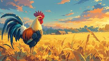 Vibrant rooster standing majestically in a golden field during sunset with a farmhouse in the background photo