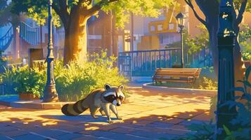 A raccoon strolls through a sunlit park, surrounded by lush greenery and benches photo
