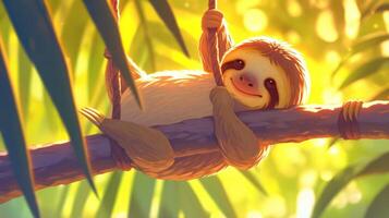 A cheerful sloth hanging from a branch in a vibrant jungle with sunlight filtering through leaves photo