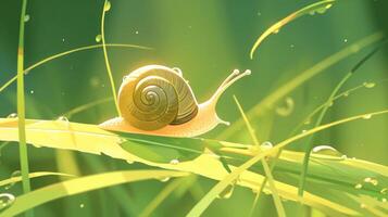 Golden snail gliding on a dewy green leaf under soft sunlight in a serene natural setting photo