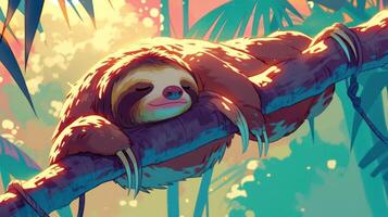 A peaceful sloth resting on a branch amidst a vibrant jungle backdrop filled with sunlight photo