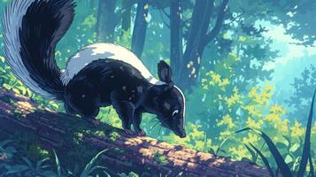 A curious skunk exploring a vibrant forest, surrounded by lush greenery and soft sunlight photo