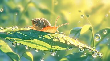 A close-up of a snail gliding on a dewy green leaf in a lush, sunlit garden photo