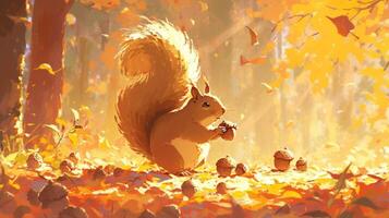 Squirrel Gathering Acorns in Autumn Forest with Sunlight Filtering Through Trees photo