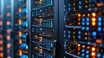 Close-up view of illuminated server racks in a data center, showcasing technology and connectivity photo