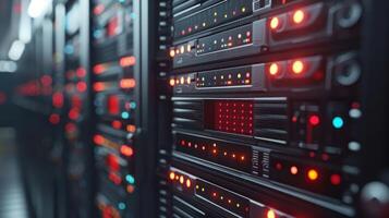 Close-up view of illuminated server racks in a data center showcasing technology in action photo