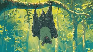 A serene bat hanging upside down from a branch in a lush, sunlit forest with vibrant foliage photo