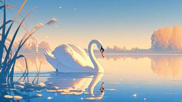 Serene swan gliding across a tranquil lake at sunrise, surrounded by lush greenery and soft reflections photo