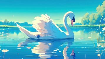 Serene swan gliding across a tranquil lake with lush greenery and soft clouds in the background photo