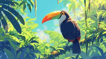 Colorful toucan perched on a branch in a vibrant jungle, sunlight filtering through leaves photo