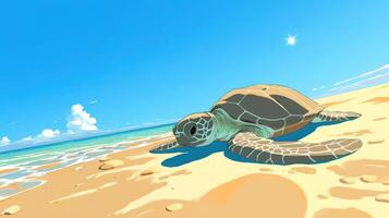 A serene sea turtle resting on a sandy beach under a clear blue sky with gentle waves photo