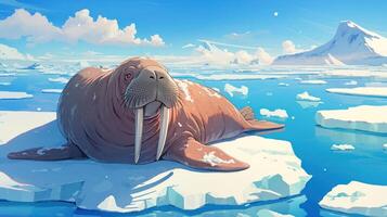 A walrus lounging on an ice floe in a serene Arctic landscape with distant mountains photo