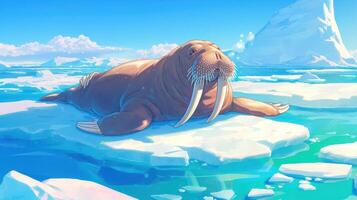 A walrus lounging on an ice floe in a serene Arctic landscape with clear blue waters photo