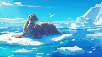 A serene walrus lounging on an ice floe in a vibrant Arctic landscape under a clear sky photo