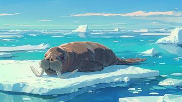 A serene walrus resting on an ice floe in a tranquil Arctic landscape with distant icebergs photo