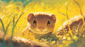 Cute animated creature peeking through vibrant grass in a sunny meadow filled with flowers photo