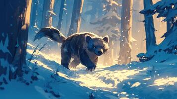 A solitary bear wandering through a snowy forest, surrounded by tall trees under soft sunlight photo