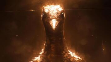 Glimmering avian sculpture emerges from darkness, radiating warmth and mystery in a surreal setting photo