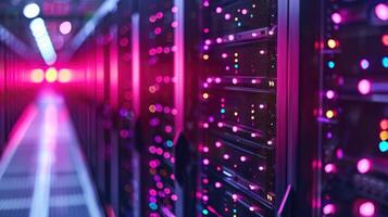 Colorful server room filled with illuminated racks of servers, showcasing technology in action photo