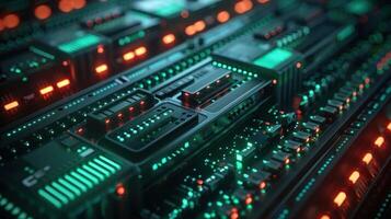 Close-up view of a futuristic circuit board with glowing lights and intricate designs photo