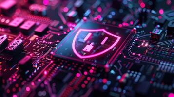 Close-up of a futuristic circuit board featuring a glowing shield symbolizing cybersecurity protection photo