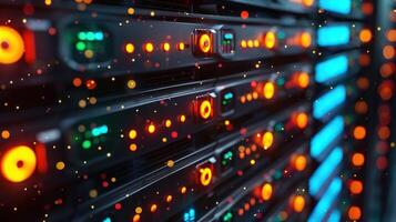 Close-up view of illuminated server racks in a data center showcasing vibrant lights and technology photo