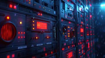 Close-up view of illuminated server racks in a data center with blue and red lighting effects photo