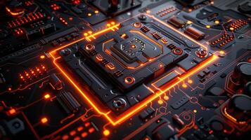 Close-up of a futuristic circuit board with glowing components and intricate details photo