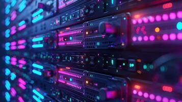 Colorful illuminated server racks showcasing advanced technology in a data center environment photo