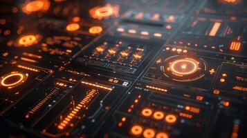 Futuristic digital interface with glowing orange elements showcasing data visualization and analytics photo