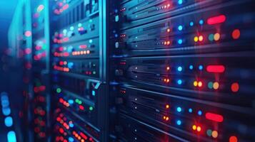 Close-up view of illuminated server racks in a data center showcasing vibrant LED lights photo