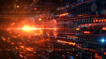 Futuristic digital landscape with glowing lines and circuits, depicting technology in motion photo