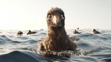 Close-up of a seabird emerging from the ocean, surrounded by other birds in the distance photo