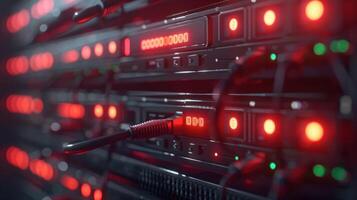 Close-up view of illuminated server racks showcasing data cables and digital displays in a tech environment photo