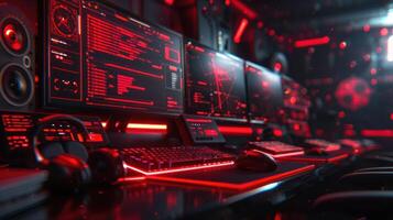 Futuristic workspace with multiple screens displaying data in a red-lit environment photo