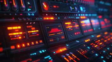 Futuristic control panel with glowing buttons and screens, showcasing advanced technology in action photo