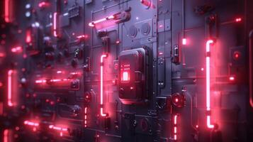 Futuristic control panel with glowing red lights and intricate circuitry in a tech environment photo